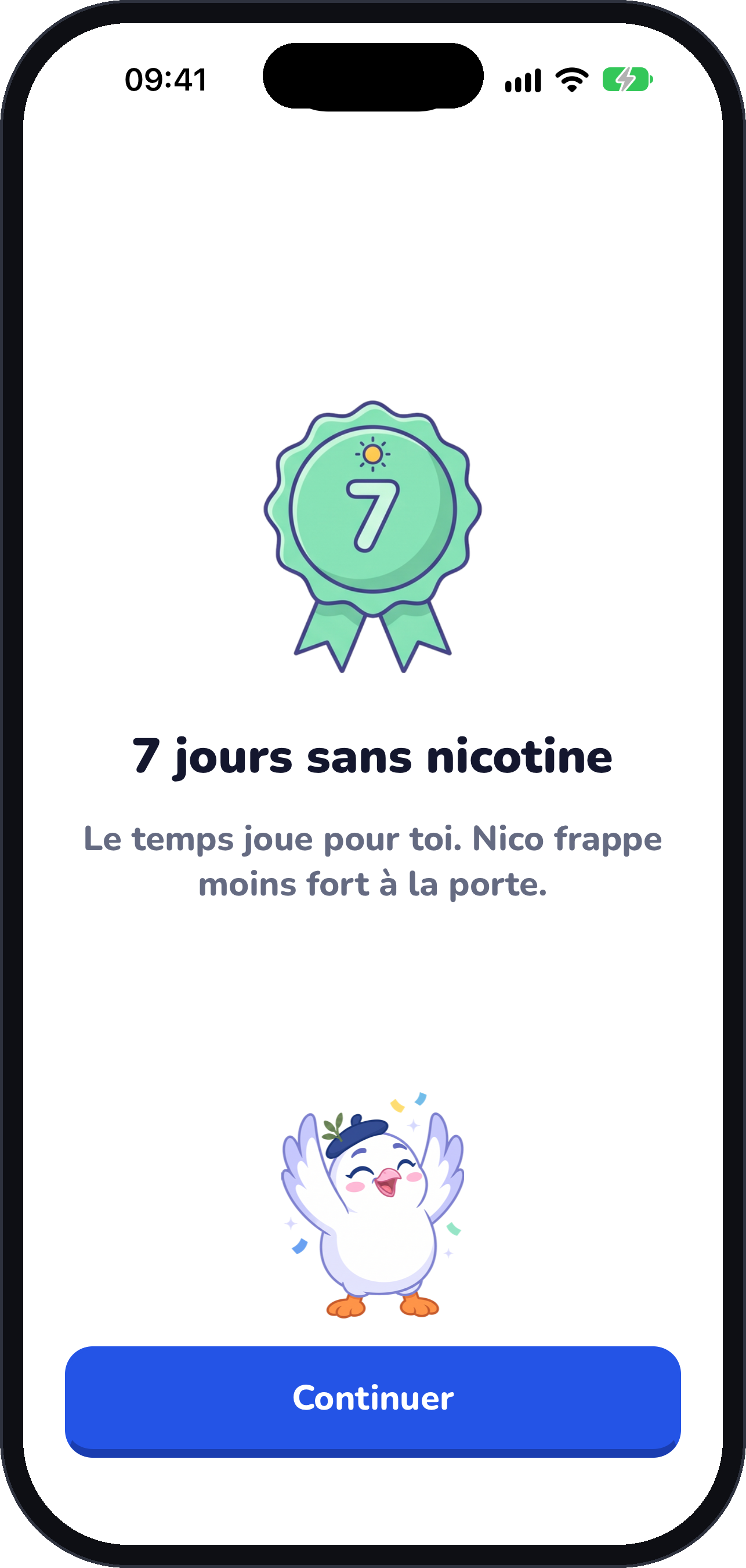 Célébration du badge « 7 jours sans nicotine », avec Colombe qui fait la fête.